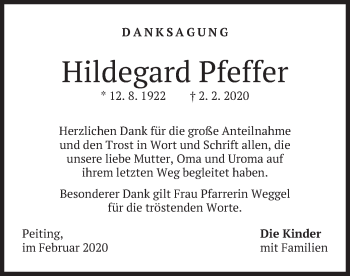 Todesanzeige von Hildegard Pfeffer von merkurtz