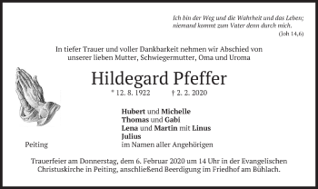 Todesanzeige von Hildegard Pfeffer von merkurtz