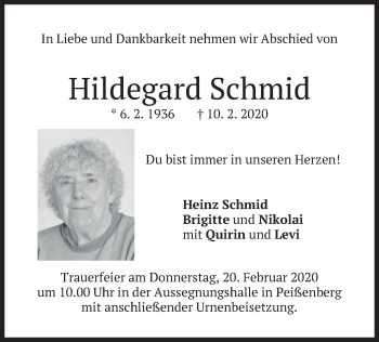 Todesanzeige von Hildegard Schmid von merkurtz