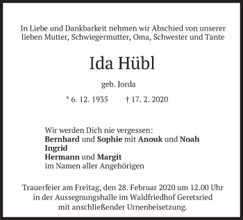 Todesanzeige von Ida Hübl von merkurtz