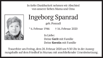 Todesanzeige von Ingeborg Spanrad von merkurtz