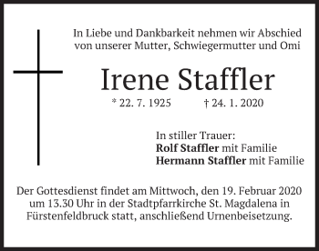 Todesanzeige von Irene Staffler von merkurtz