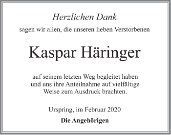 Todesanzeige von Kaspar Häringer von merkurtz