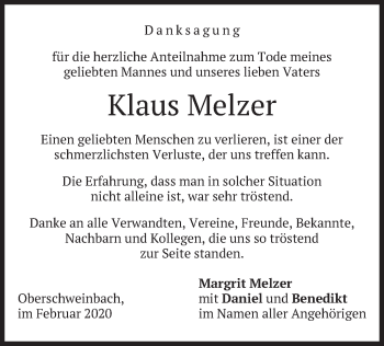 Todesanzeige von Klaus Melzer von merkurtz