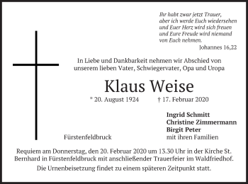 Todesanzeige von Klaus Weise von merkurtz