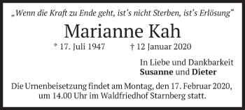 Todesanzeige von Marianne Kah von merkurtz