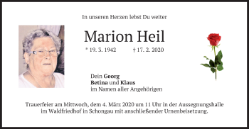 Todesanzeige von Marion Heil von merkurtz