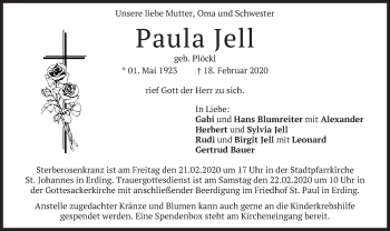 Todesanzeige von Paula Jell von merkurtz