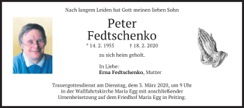 Todesanzeige von Peter Fedtschenko von merkurtz