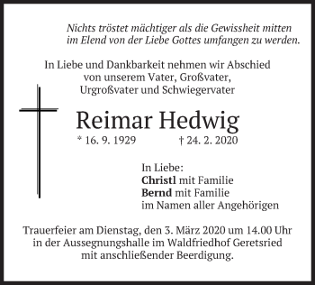 Todesanzeige von Reimar Hedwig von merkurtz