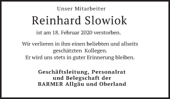 Todesanzeige von Reinhard Slowiok von merkurtz