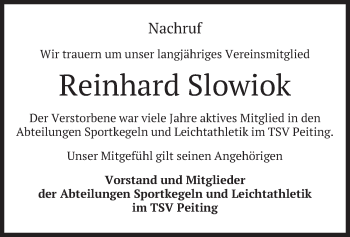 Todesanzeige von Reinhard Slowiok von merkurtz