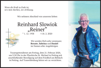 Todesanzeige von Reinhard Slowiok von merkurtz