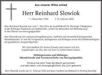 Todesanzeige von Reinhard Slowiok von merkurtz