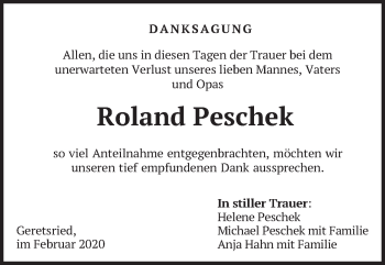 Todesanzeige von Roland Peschek von merkurtz