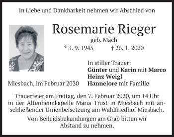 Todesanzeige von Rosemarie Rieger von merkurtz