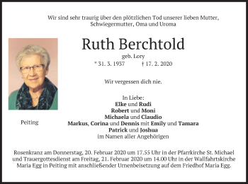 Todesanzeige von Ruth Berchtold von merkurtz