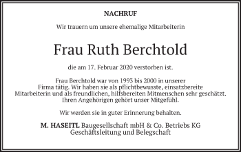Todesanzeige von Ruth Berchtold von merkurtz