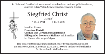 Todesanzeige von Siegfried Christl von merkurtz