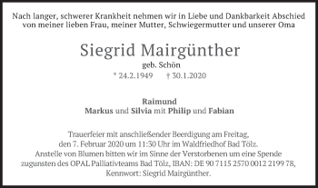Todesanzeige von Siegrid Mairgünther von merkurtz