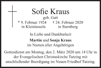 Todesanzeige von Sofie Kraus von merkurtz