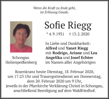 Todesanzeige von Sofie Riegg von merkurtz
