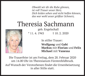 Todesanzeige von Theresia Sachmann von merkurtz
