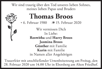Todesanzeige von Thomas Broos von merkurtz