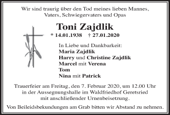 Todesanzeige von Toni Zajdlik von merkurtz