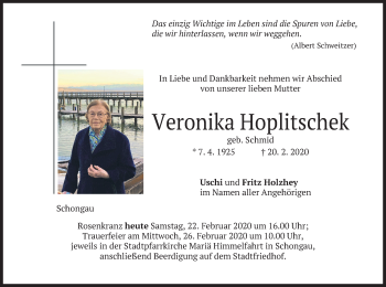 Todesanzeige von Veronika Hoplitschek von merkurtz