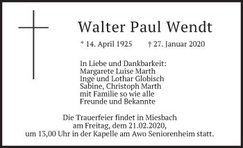Todesanzeige von Walter Paul Wendt von merkurtz