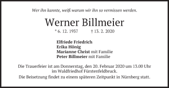 Todesanzeige von Werner Billmeier von merkurtz