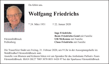 Todesanzeige von Wolfgang Friedrichs von merkurtz