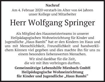 Todesanzeige von Wolfgang Springer von merkurtz