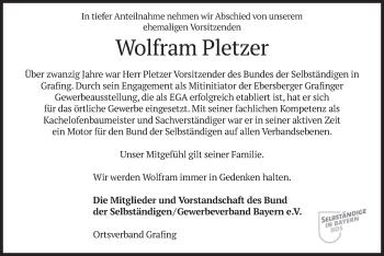 Todesanzeige von Wolfram Pletzer von merkurtz