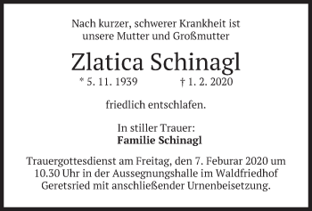 Todesanzeige von Zlatica Schinagl von merkurtz