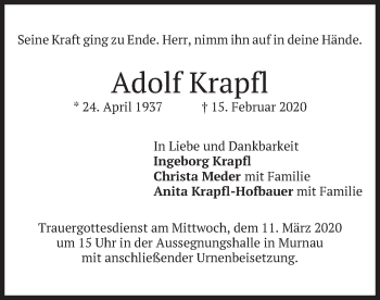 Todesanzeige von Adolf Krapfl von merkurtz