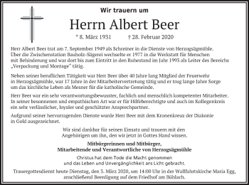 Todesanzeige von Albert Beer von merkurtz