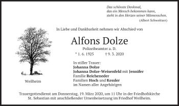 Todesanzeige von Alfons Dolze von merkurtz