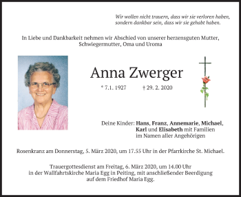 Todesanzeige von Anna Zwerger von merkurtz
