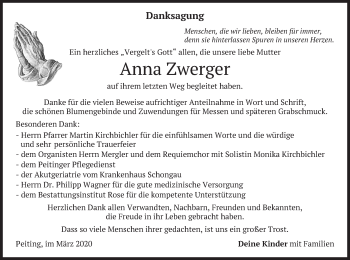 Todesanzeige von Anna Zwerger von merkurtz