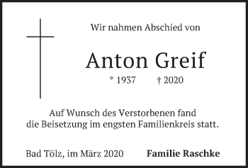 Todesanzeige von Anton Greif von merkurtz