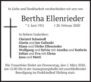 Todesanzeige von Bertha Ellenrieder von merkurtz