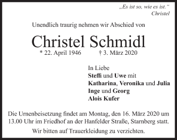 Todesanzeige von Christel Schmidl von merkurtz
