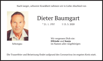 Todesanzeige von Dieter Baumgart von merkurtz