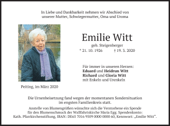 Todesanzeige von Emilie Witt von merkurtz