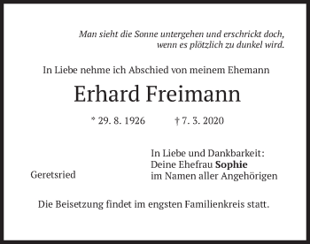 Todesanzeige von Erhard Freimann von merkurtz