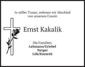 Todesanzeige von Ernst Kakalik von merkurtz