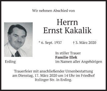 Todesanzeige von Ernst Kakalik von merkurtz