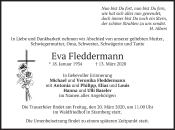 Todesanzeige von Eva Fleddermann von merkurtz